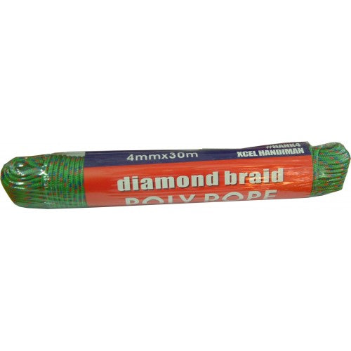 Durable 4mm x 30m polypropylene rope with diamond-braid design for versatile indoor and outdoor use.