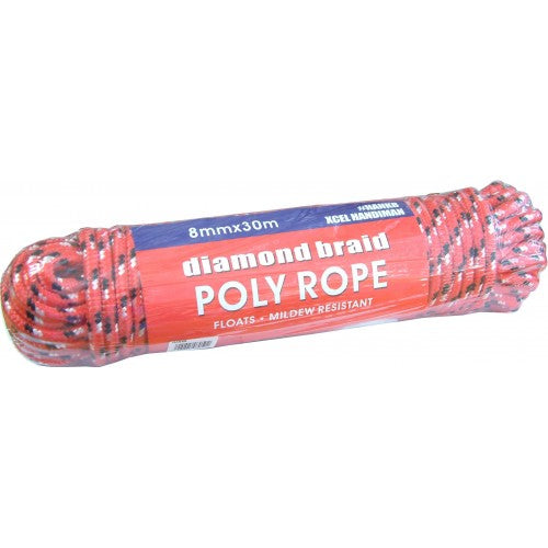 Durable 8mm x 30m polypropylene rope with diamond braid for outdoor and marine use, resistant to UV, moisture, and abrasion.