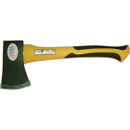 Lightweight Hatchet Xcel with yellow fiberglass handle, perfect for camping and woodworking tasks.