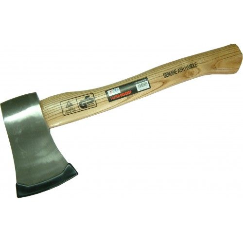 Durable 1kg hatchet with polished head and ash wood handle, ideal for camping and woodworking tasks.