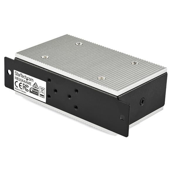 4-port industrial USB hub with metal housing, ESD and surge protection, designed for harsh environments and easy mounting.