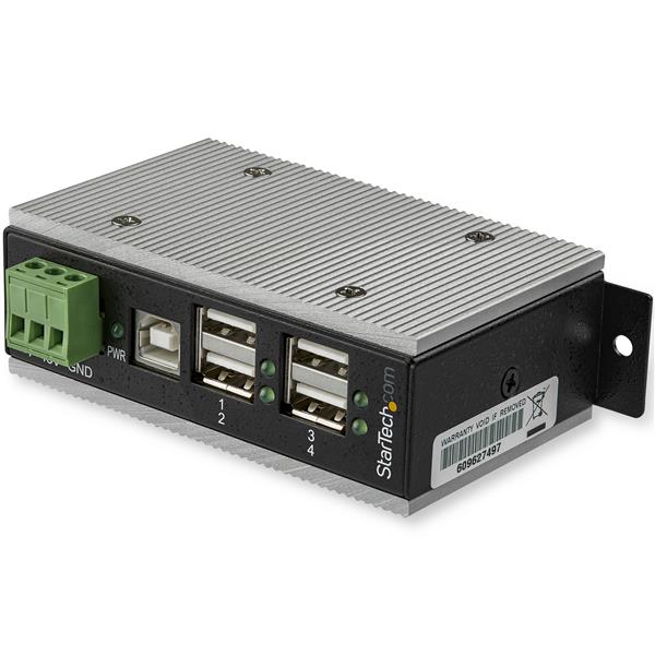 4-Port Industrial USB Hub with ESD and surge protection, rugged metal design for harsh environments, supports varied devices