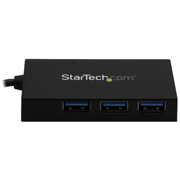 4 Port USB Hub with 3 USB-A and 1 USB-C ports, includes power adapter for fast charging and data transfer up to 5Gbps.