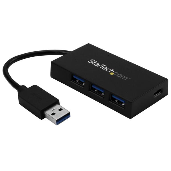 4 Port USB Hub featuring 3 USB-A and 1 USB-C ports for fast data transfer and device charging. Compact design for easy use.