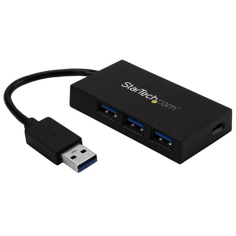 4 Port USB Hub featuring 3 USB-A and 1 USB-C ports for fast data transfer and device charging. Compact design for easy use.