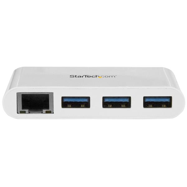 3-Port USB-C Hub with Gigabit Ethernet, connecting three USB-A devices to laptops like MacBook and Chromebook.