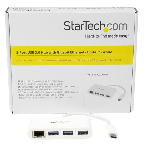 3-Port USB-C Hub with Gigabit Ethernet, connecting 3 USB-A devices for seamless data transfer and stable internet access.