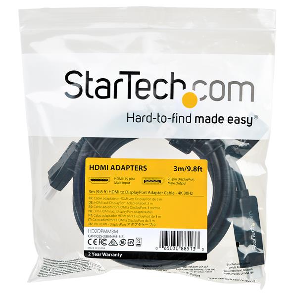 3m HDMI to DisplayPort Cable - 4K 30Hz, Connect HDMI Devices to DP Monitors - High-Quality Adapter