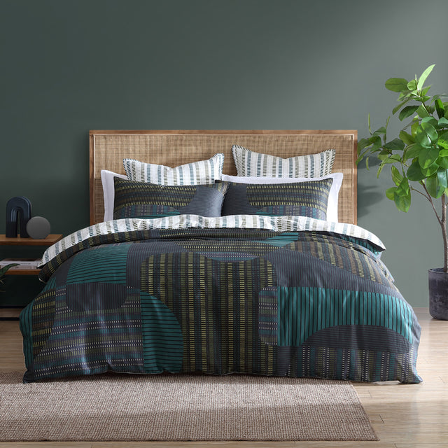 Hemsworth Charcoal Queen Duvet Cover Set featuring contemporary stripes and spots, made from soft cotton sateen for a luxurious feel.