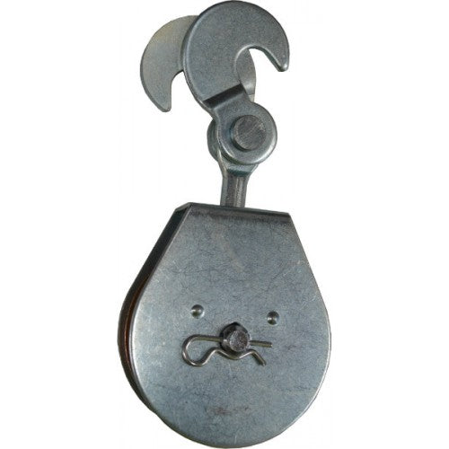 Pulley block with steel body, 75mm sheave, and swivel hooks for heavy-duty lifting and rigging applications.