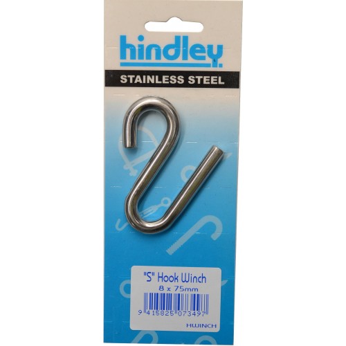 Stainless Winch 'S' Hook 8x75mm by Hindley, crafted from 302 Grade Stainless Steel for durable outdoor use.