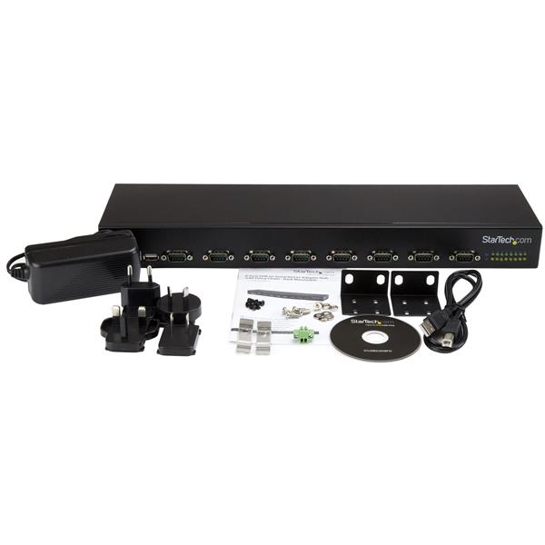 8-Port USB-to-Serial Adapter Hub with rack-mountable design for industrial automation and robust connectivity.