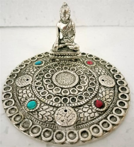 Incense Holder - White Metal Round Buddha (10cm)