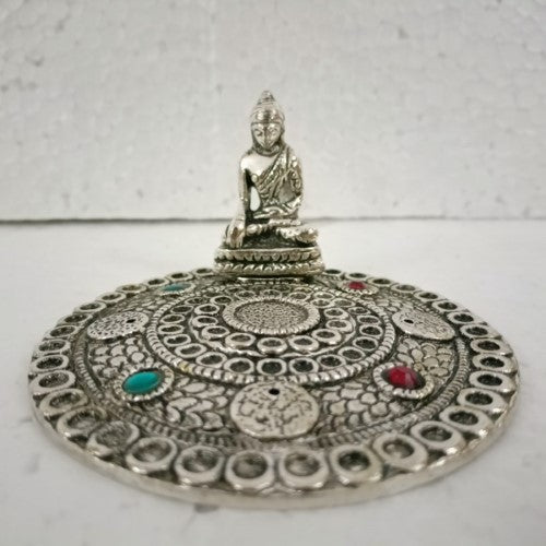 Incense Holder - White Metal Round Buddha (10cm)