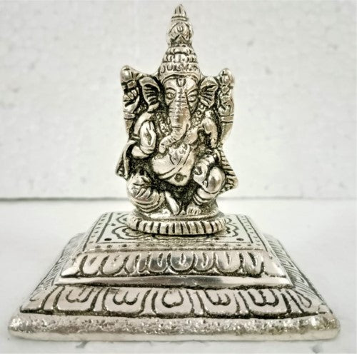 Incense Holder - White Metal Square Ganesha (10.5cm)