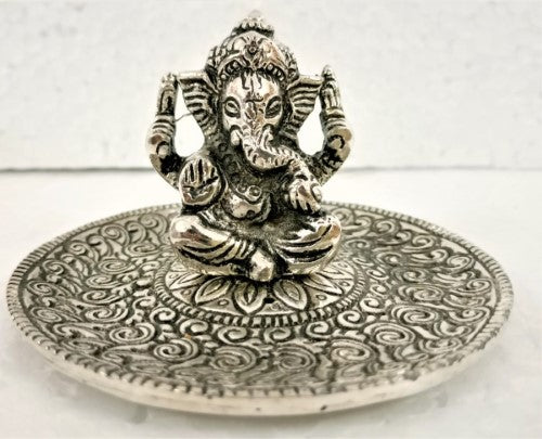Incense Holder - White Metal Round Ganesha (10.3cm)