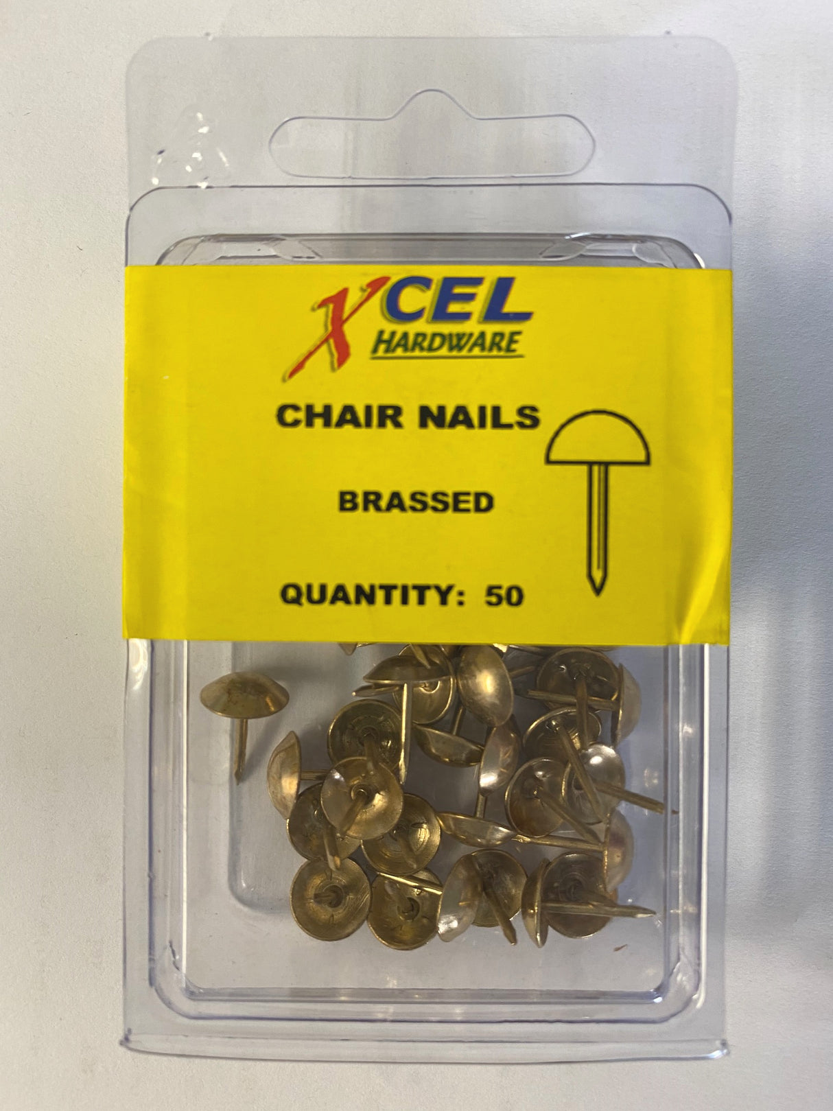 Pack of 50 L.H. Brassed DIY chair nails with 10.5 mm domed heads for elegant upholstery projects.