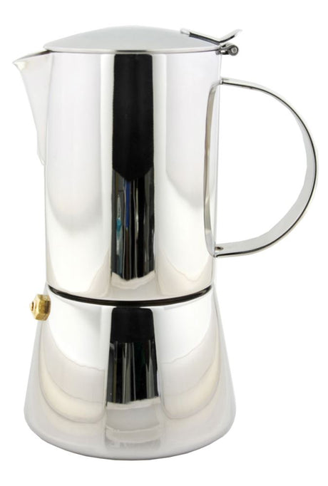 Stainless steel 10-cup espresso maker, induction-friendly, with double safety valve for rich, flavorful coffee at home.