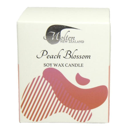 Peach Blossom Soy Candle Jar in vibrant box, 10oz eco-friendly candle with sweet spring fragrance, perfect for relaxation.