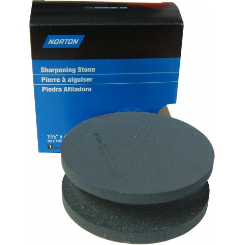 Axe Stones Round Norton 100 x 40mm sharpening stone with dual grit for precise tool maintenance and safe handling.