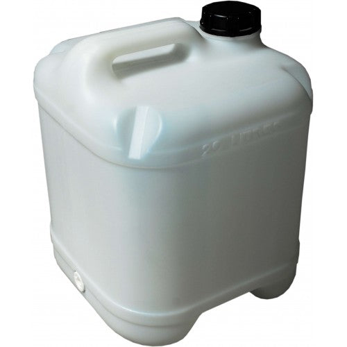 Durable 20-litre square plastic water container with carry handle, ideal for camping and emergency water storage.