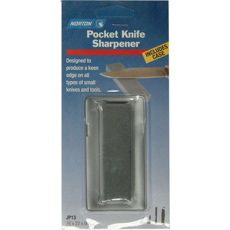 Norton Fine JP13 pocket sharpening stone in protective case, compact design for precise sharpening, ideal for tools and knives.