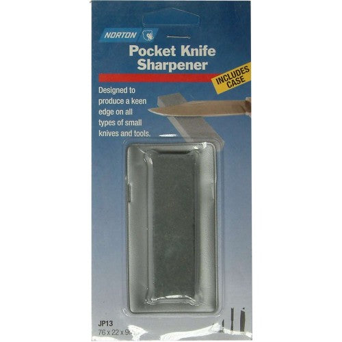 Norton Fine JP13 pocket sharpening stone in protective case, compact design for precise sharpening, ideal for tools and knives.