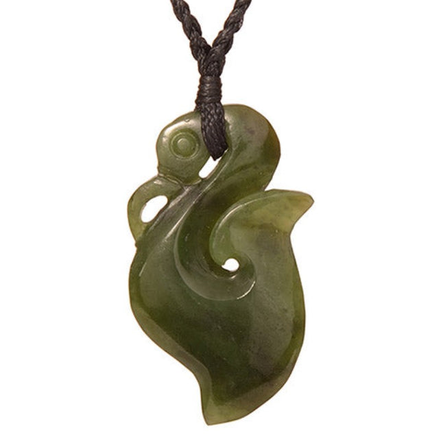 Stunning Jade Manaia Hook Pendant Necklace in nephrite jade, symbolizing protection and good fortune on a braided black cord.