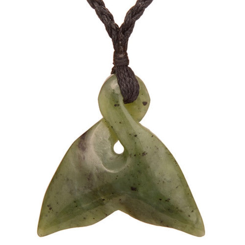 Jade Whale Tail Twist Pendant Necklace, 60mm tall, symbolizing life’s journey, handcrafted from Nephrite Jade.