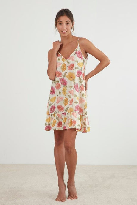 Delicate green poppy nightie with 'v' neck, adjustable straps, frilled hem, made from 100% cotton voile.