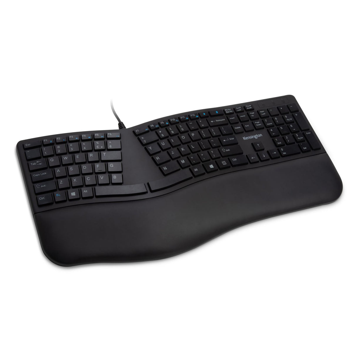 KENSINGTON® Wired Ergo Keyboard in black with split layout, cushioned wrist rest, and spill-proof keys for ergonomic typing.