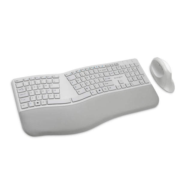 KENSINGTON Dual Wireless Ergo Desktop Set in Grey, featuring split keyboard, built-in wrist support, and dual connectivity options.