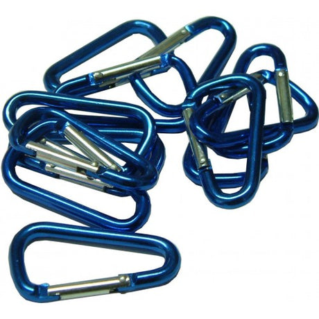 Lightweight aluminium karabiner (50x5mm) with spring-loaded closure for secure attachment in outdoor activities.