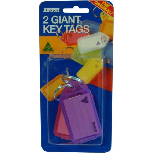Extra-large key tag holders with label, durable stainless steel rings, available in assorted colors for easy organization.
