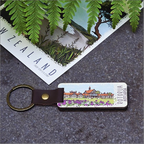 Bamboo Keyring Printed: Rotorua 1 (museum) Keyrings + Keychains