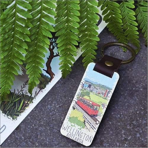 Bamboo Keyring Printed: Wellington (Cable car) Keyrings + Keychains