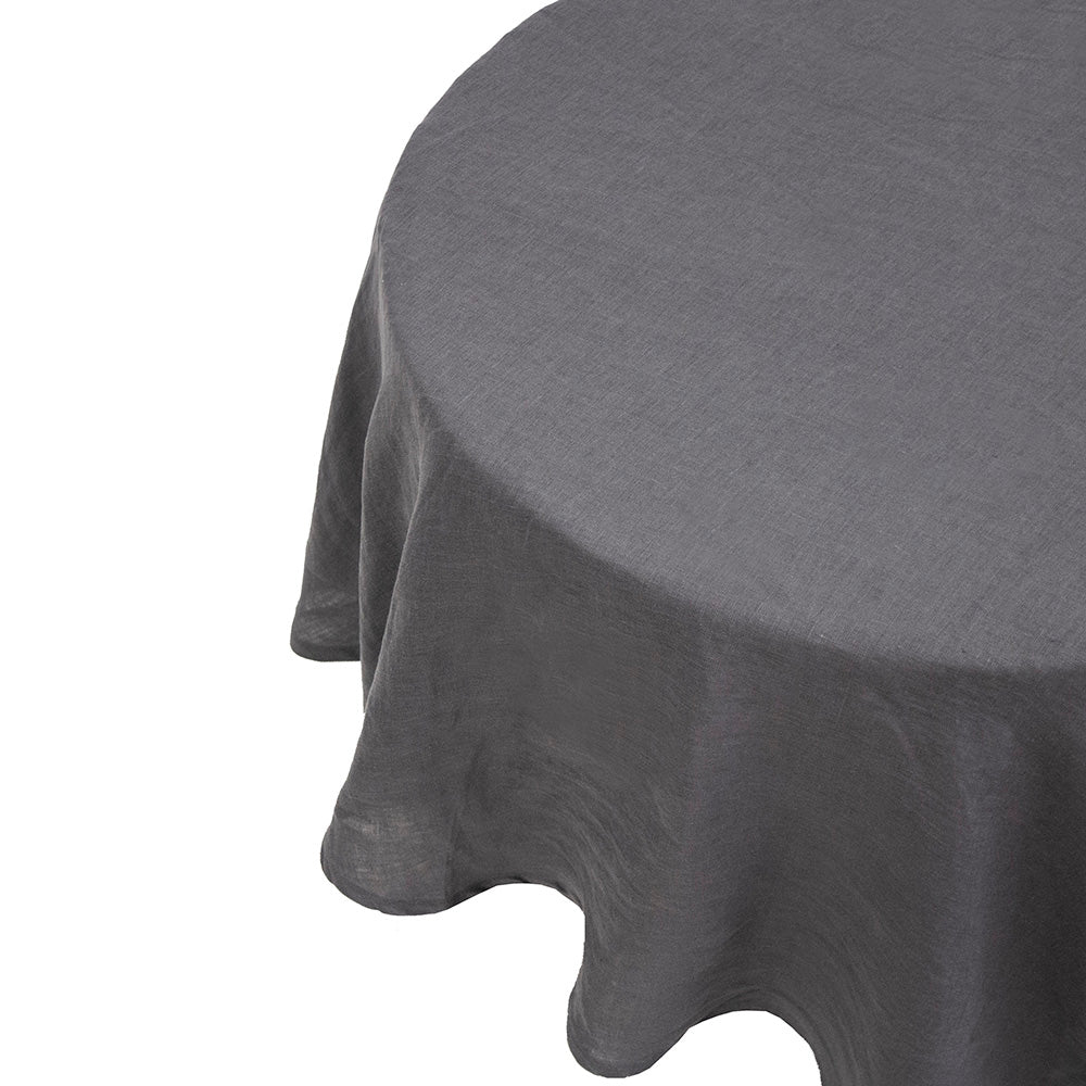 Linen Round Tablecloth in Charcoal, 228cm diameter, made from 100% French flax for luxury dining and easy care.