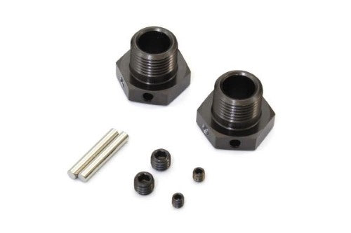 Kyosho MP9/10/MF Wheel Hubs in sleek gunmetal, enhancing RC performance with durability and improved handling.
