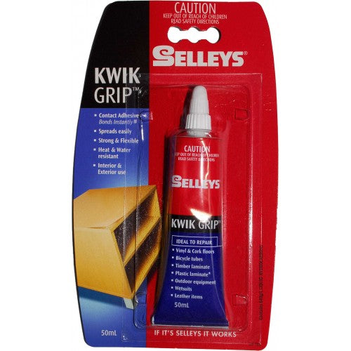 Selleys Kwikgrip 50ml adhesive for strong bonding on wood, metal, leather, and plastic, suitable for DIY and professional use.