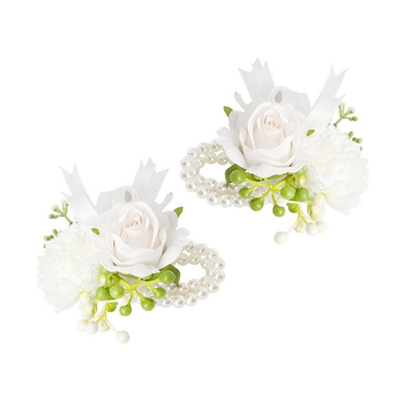 Artificial / Faux Flower - Mixed Flower Pearl Corsage Bracelet Pack 2 White