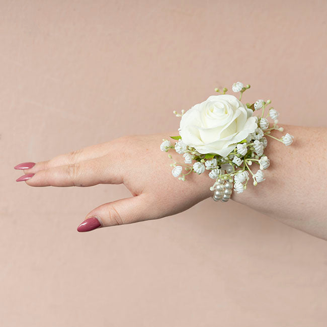 Artificial / Faux Flower - Rose & Baby's Breath Corsage Bracelet Pack 2 White