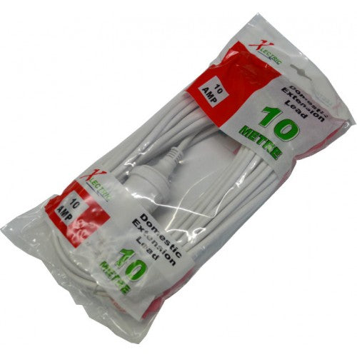 Xlectric 10m Domestic White Extension Lead with molded plugs for safe, versatile power access in home or office settings.