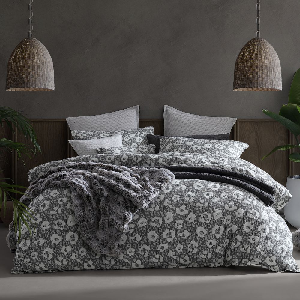 Platinum LEO NIGHT King Duvet Cover Set featuring modern animal print in textured cotton jacquard, measuring 245cm x 210cm.