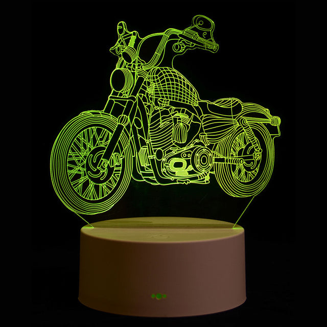 LED night light featuring a motorbike design, perfect for kids and enthusiasts, with 7 color options and USB or battery power.