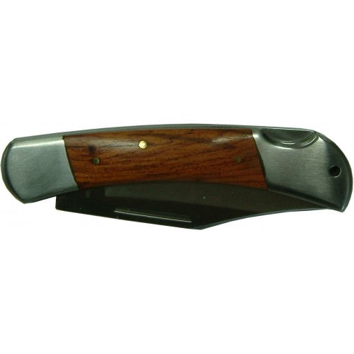 Multifunctional pocket knife with stainless steel blade, locking mechanism, and wooden handle for safe, reliable use.