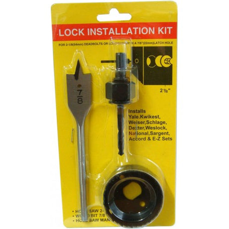 Hole Saws 3-Pce Lock Installation Kit with 54mm hole saw, 7/8" spade bit, and mandrel for easy lock installations.