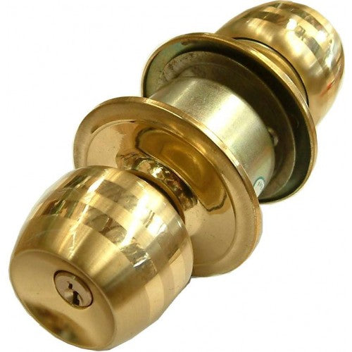 Polished brass Entrance Tubular Lockset by Tri Circle, featuring keyed entry and secure push button design for external doors.