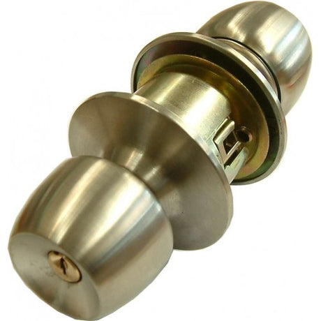 Satin chrome entrance tubular lockset with key, adjustable latch, offers security and style for exterior doors.