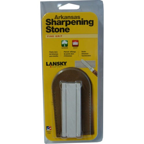 Lansky Arkansas Pocket Stone in leather pouch, compact sharpening tool with grooves for precision on knives and hooks.