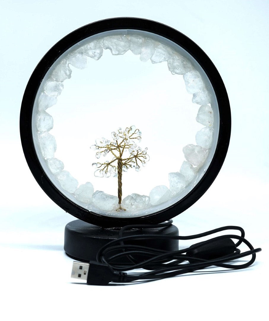 LED USB Lamp - Clear Quartz with Gemstone Tree (20 x 18 x 18cm)